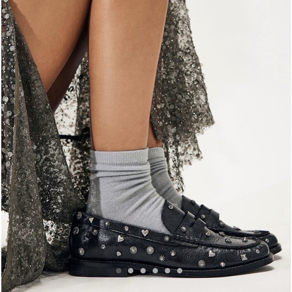 Free People Suki Black Studded Loafers | Edgy Chic Faux Leather Flats | Sz 8